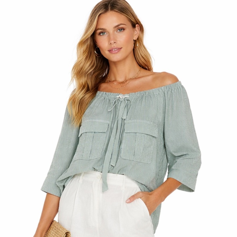 IPEKYOL Sage Striped Tie-Neck Blouse Size 6 | mmRelaxed Chic, Coastal Minimal